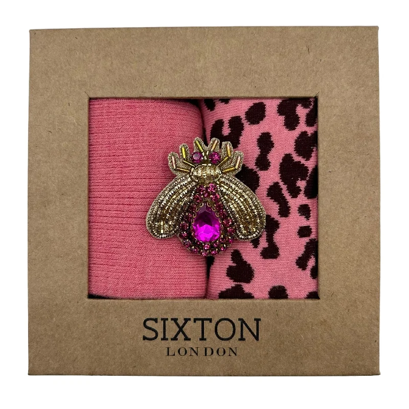 Pink Barcelona and leopard sock box duo with pin