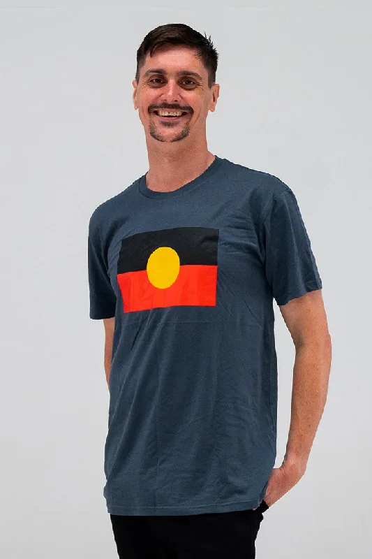 "Raise The Flag" Aboriginal Flag (Large) Petrol Blue Cotton Crew Neck Unisex T-Shirt