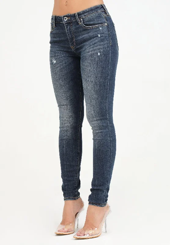 Jeans skinny in denim blu da donna con abrasioni