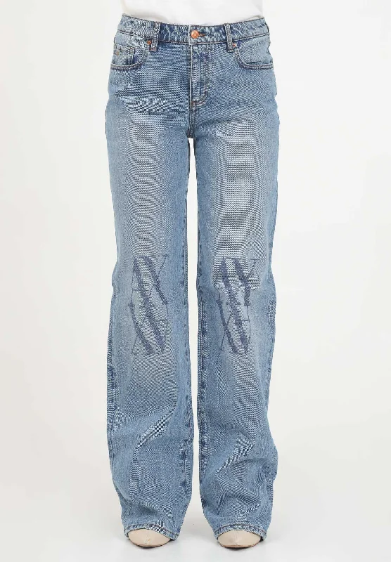 Jeans da donna in denim blu con logo monogram ricamato sulle ginocchia