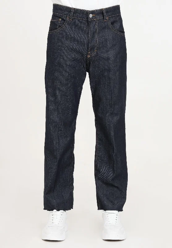 Jeans in denim blu da uomo con ricamo logo