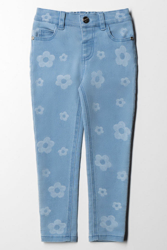 Daisy Lazer Print 5 Pocket Skinny Light Wash Blue