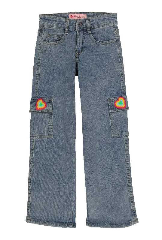 Girls Crochet Heart Detail Cargo Jeans