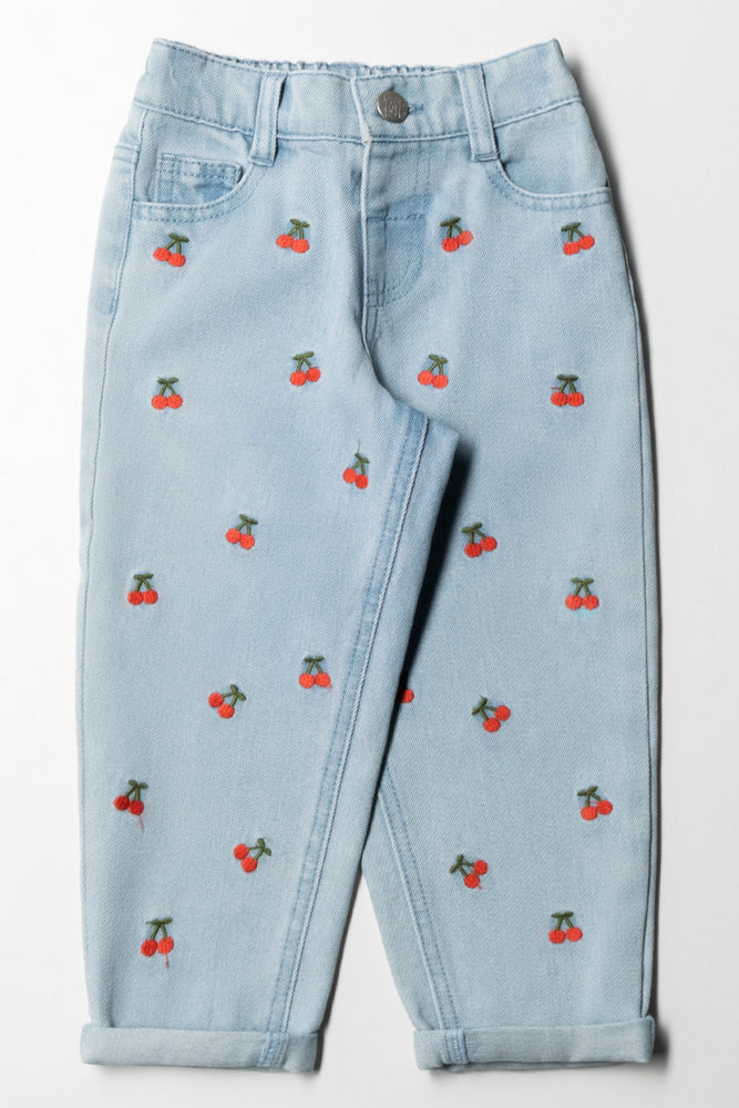 Light Wash Denim With Cherry Embroidery Blue