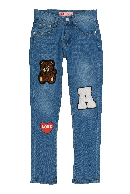 Girls Bear Graphic Chenille Patch Skinny Jeans